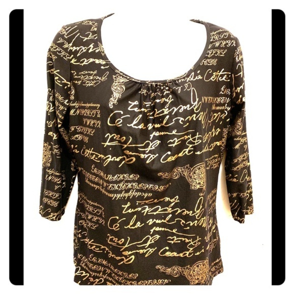 Investments Petites Top Black with Metallic Gold Lettering Size PS NWT